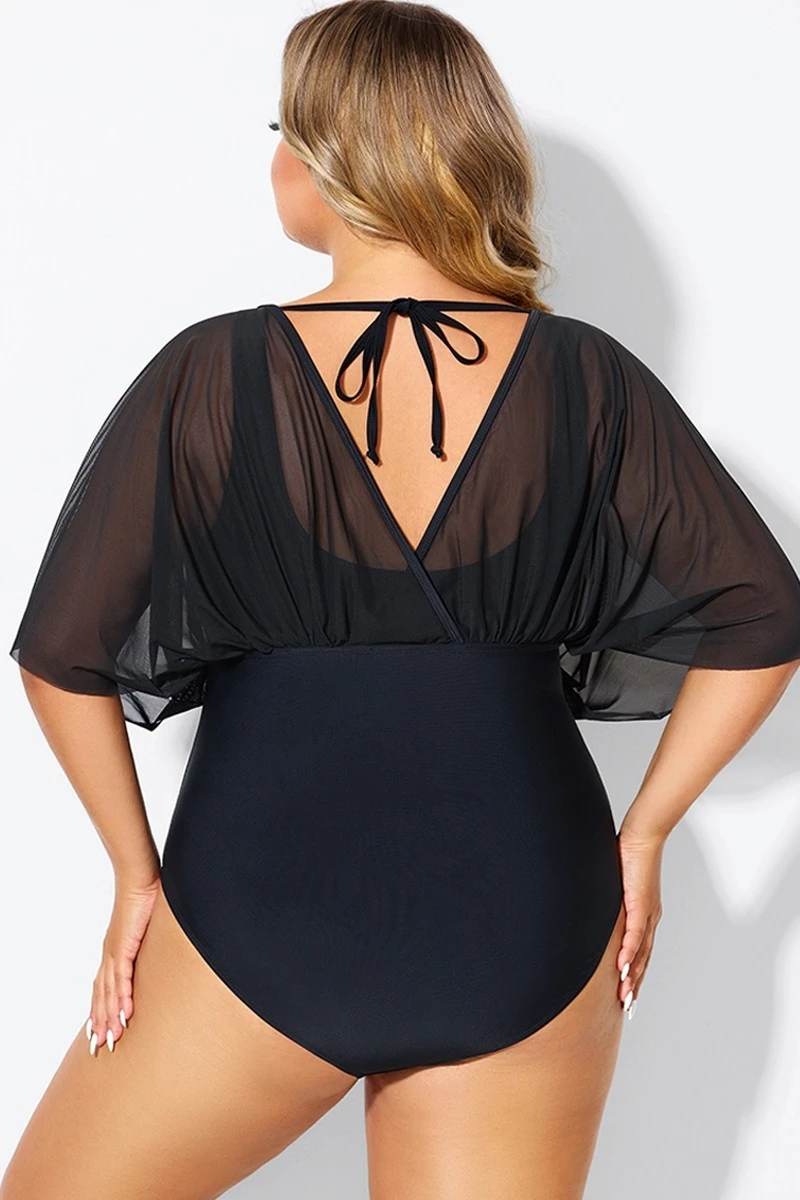 Solid Black Mesh Patchwork One Piece Swimsuit 2 Solid Black Mesh Patchwork One Piece Swimsuit - Image 2