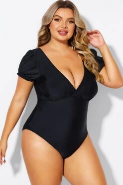 Black Wireless Puff Sleeves V-Neck One Piece Swimsuit -Sandy Bikinis Shop b deop311001 5