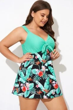 Green Flower Tie-front Wide Straps Swimdress -Sandy Bikinis Shop b desd001014 6