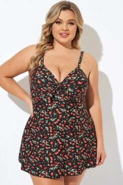 Cherry Printed Adjustable Straps V Neck Swimdress -Sandy Bikinis Shop b desd006009 3