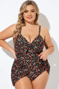 Cherry Printed Adjustable Straps V Neck Swimdress -Sandy Bikinis Shop b desd006009 4