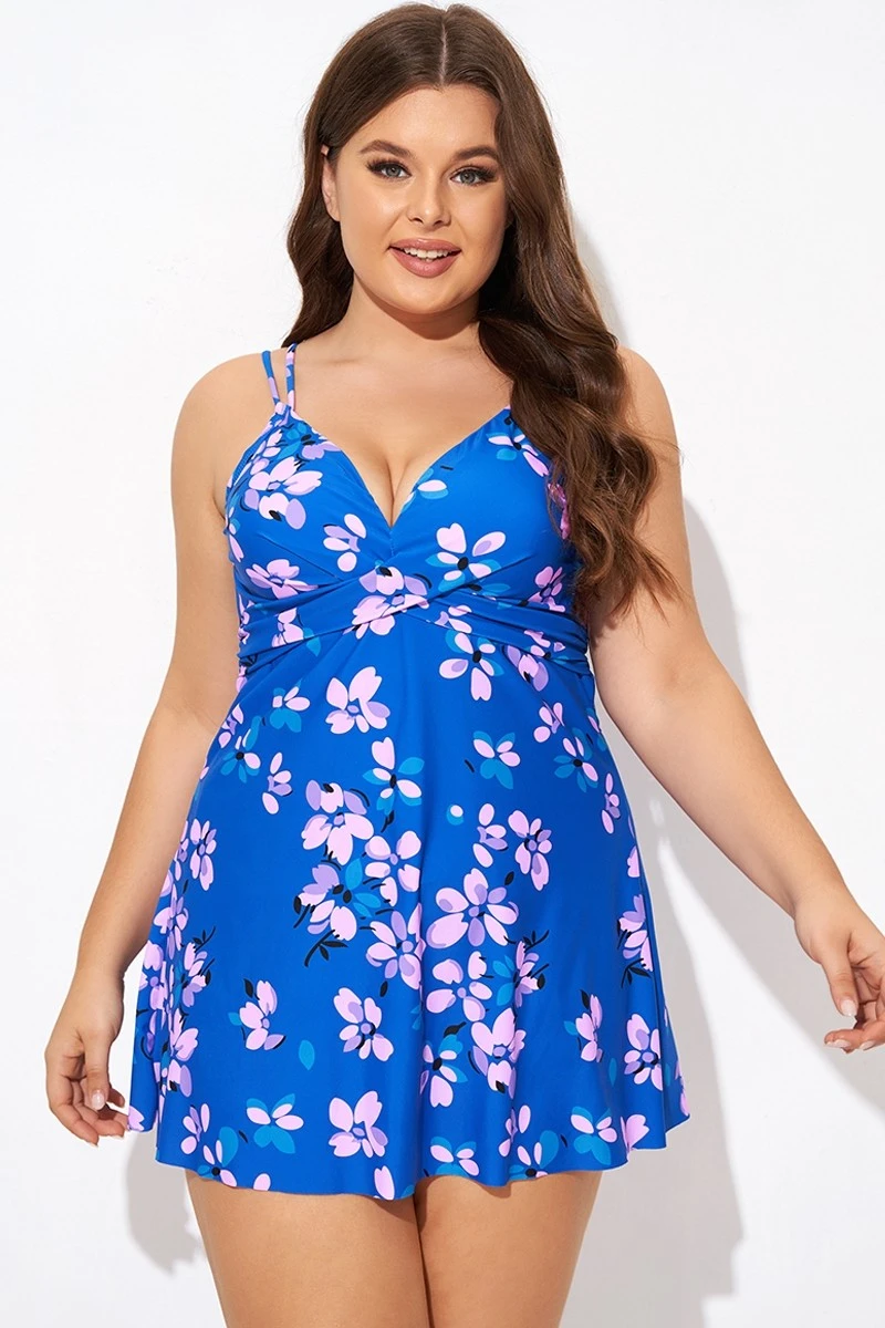 Purple Butterfly Print V-neck Loop Strap Swimdress 1 Purple Butterfly Print V-neck Loop Strap Swimdress