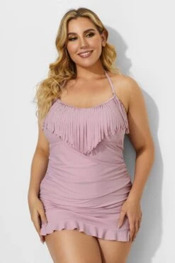 Solid Pink Fringe Ruffle Hem Bandeau Swimdress 7 Solid Pink Fringe Ruffle Hem Bandeau Swimdress -Sandy Bikinis Shop b desd033001 4