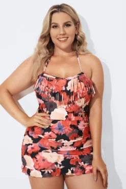 Technicolor Flower Print Ruffle Hem Bandeau Swimdress -Sandy Bikinis Shop b desd033003 4