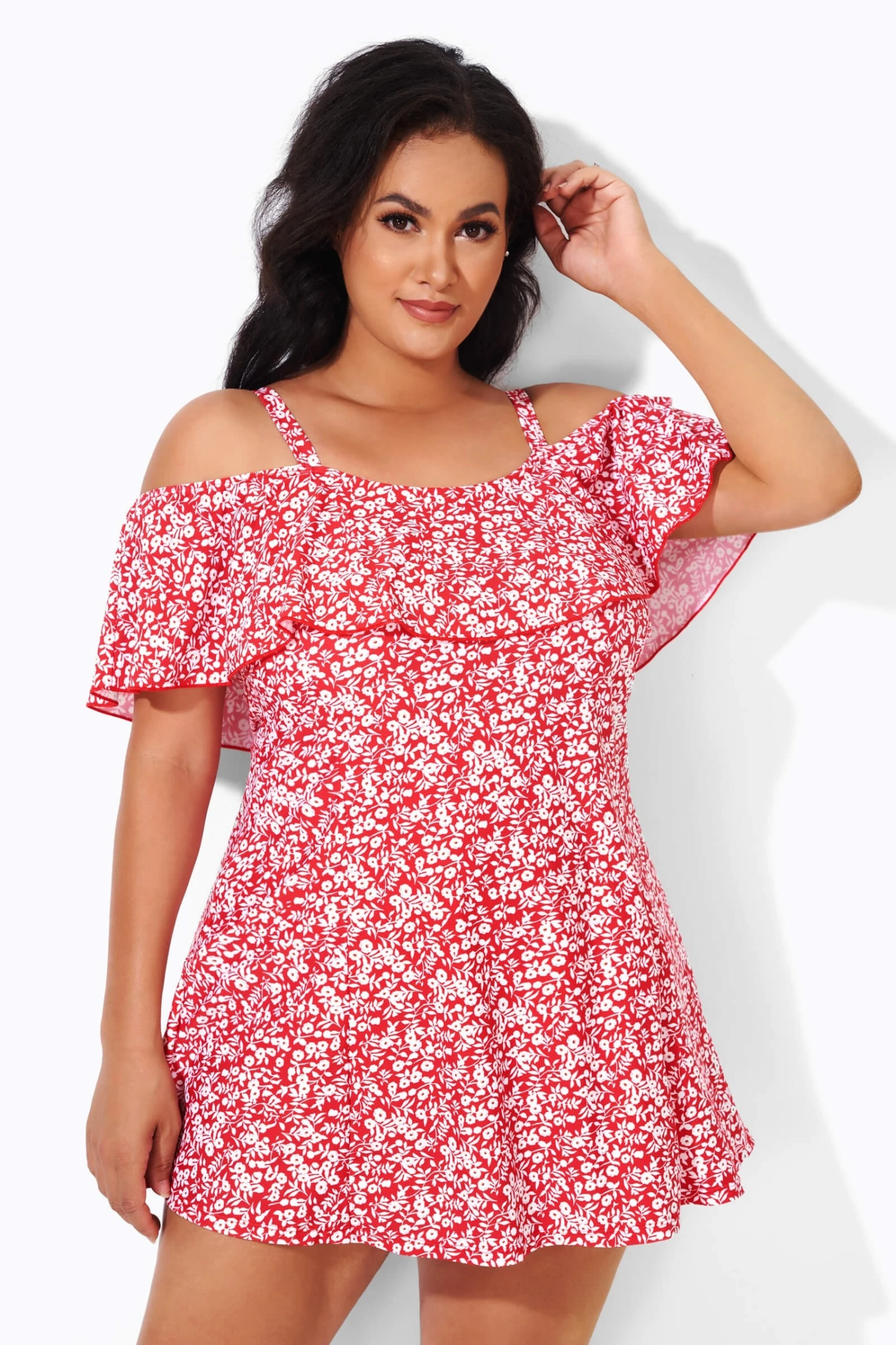 Red Floral Printed Off-the-Shoulder Swimdress 1 Red Floral Printed Off-the-Shoulder Swimdress