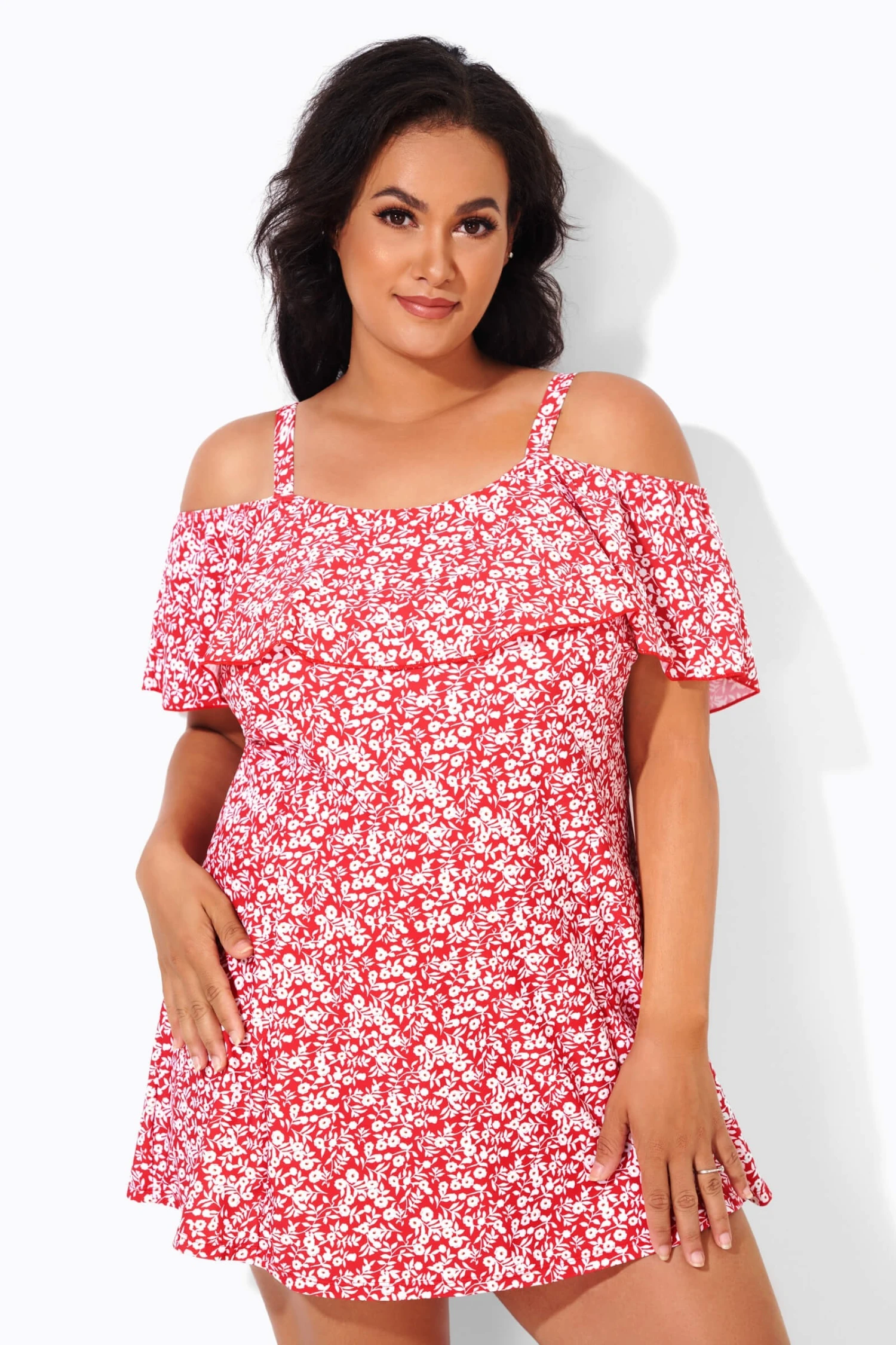 Red Floral Printed Off-the-Shoulder Swimdress 4 Red Floral Printed Off-the-Shoulder Swimdress - Image 4