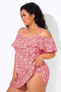Red Floral Printed Off-the-Shoulder Swimdress 6 Red Floral Printed Off-the-Shoulder Swimdress -Sandy Bikinis Shop b desd049001 3