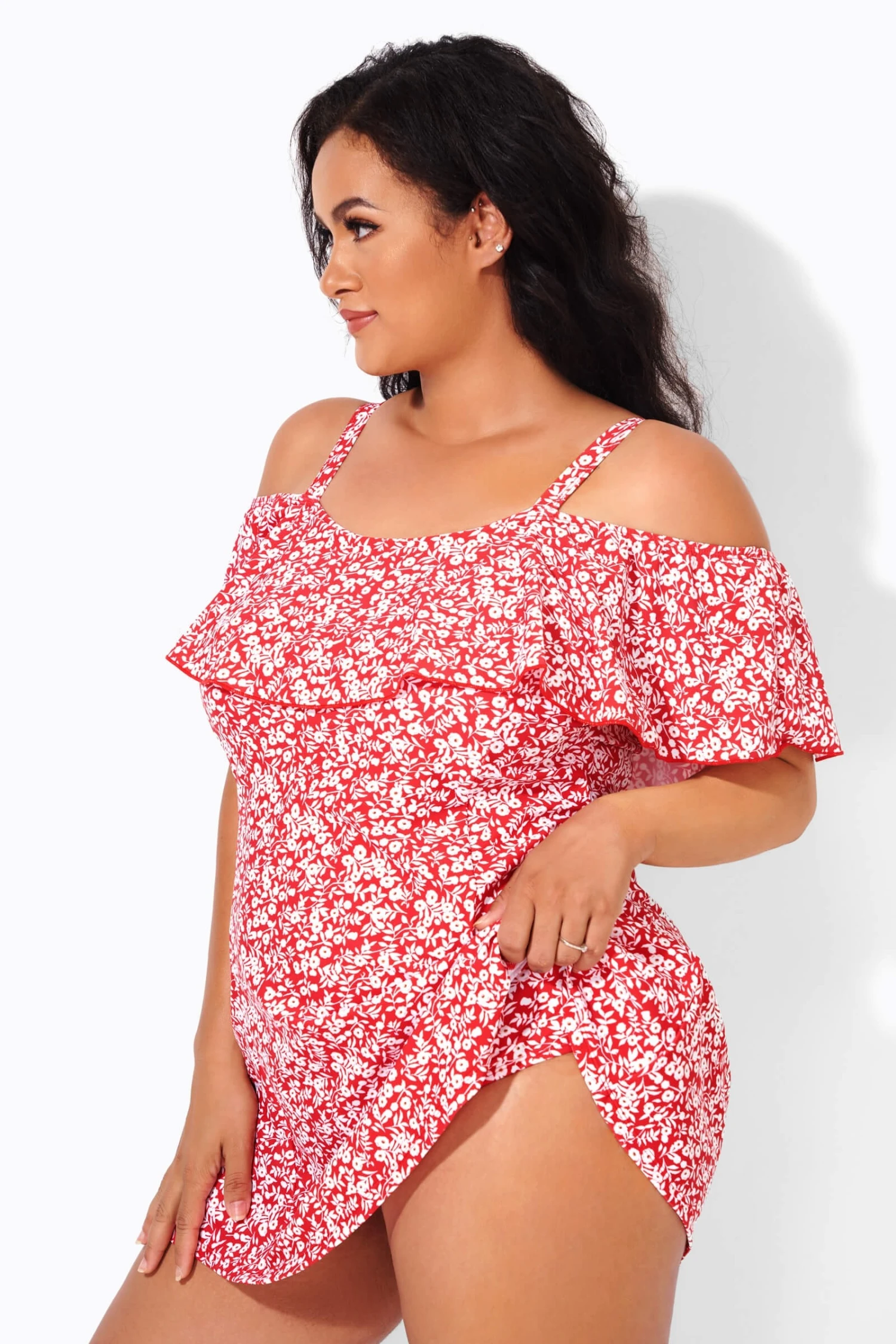 Red Floral Printed Off-the-Shoulder Swimdress 3 Red Floral Printed Off-the-Shoulder Swimdress - Image 3