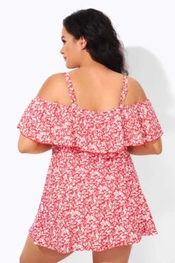 Red Floral Printed Off-the-Shoulder Swimdress 5 Red Floral Printed Off-the-Shoulder Swimdress -Sandy Bikinis Shop b desd049001 4