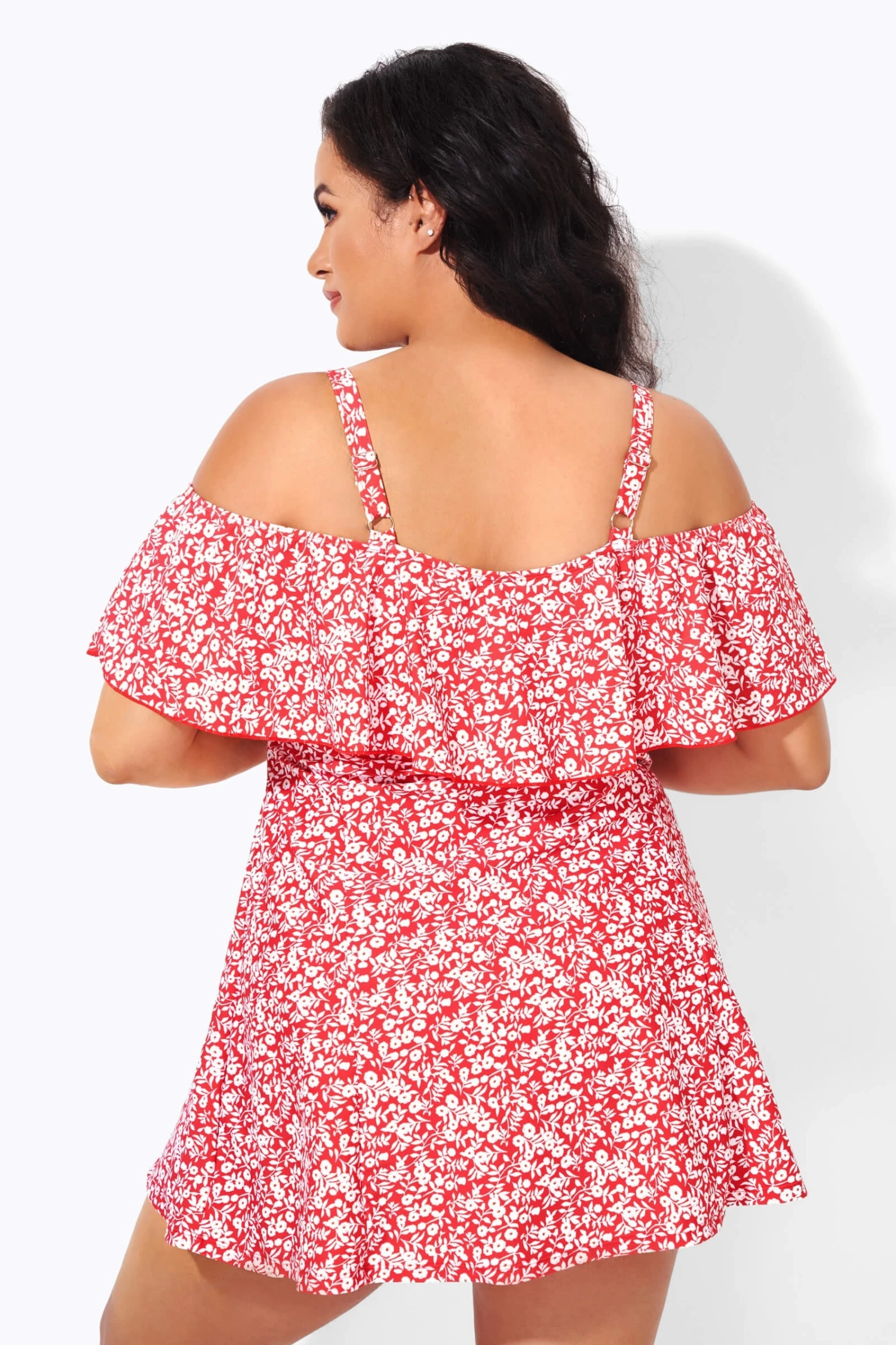 Red Floral Printed Off-the-Shoulder Swimdress 2 Red Floral Printed Off-the-Shoulder Swimdress - Image 2