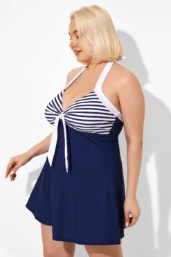 Blue Stripe Adjustable Halter Neck Swimdress -Sandy Bikinis Shop b desd081002 5