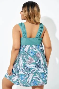 Green Leaf Print Wide Strap Knot Swimdress -Sandy Bikinis Shop b desd082001 2