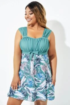 Green Leaf Print Wide Strap Knot Swimdress -Sandy Bikinis Shop b desd082001 4