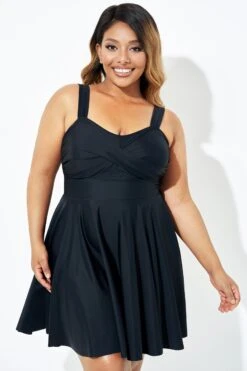 Black Adjustable Shoulder Straps Lady Flowy Swimdress