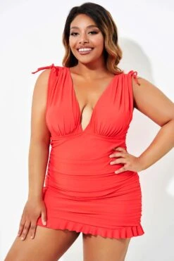 Solid Red Ruffle Adjustable Ruched Swimdress 10 Solid Red Ruffle Adjustable Ruched Swimdress -Sandy Bikinis Shop b desd087002 4 1