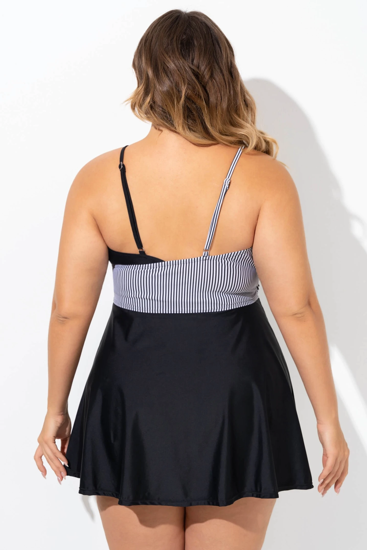 Black And White V-Neck Striped Wrap Swimdress 2 Black And White V-Neck Striped Wrap Swimdress - Image 2