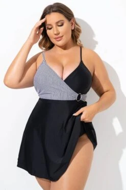 Black And White V-Neck Striped Wrap Swimdress 8 Black And White V-Neck Striped Wrap Swimdress -Sandy Bikinis Shop b desd094001 5