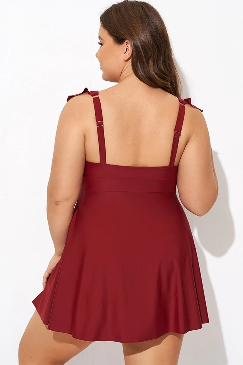 Red V-neckline Frilled Cap Sleeves Swimdress 2 Red V-neckline Frilled Cap Sleeves Swimdress - Image 2