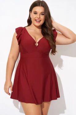 Red V-neckline Frilled Cap Sleeves Swimdress 11 Red V-neckline Frilled Cap Sleeves Swimdress -Sandy Bikinis Shop b desd111001 4