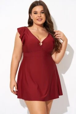 Red V-neckline Frilled Cap Sleeves Swimdress 9 Red V-neckline Frilled Cap Sleeves Swimdress -Sandy Bikinis Shop b desd111001 5