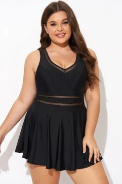 Black V-neck Wide Strap Crochet Detail Swimdress -Sandy Bikinis Shop b desd113001 1