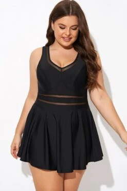 Black V-neck Wide Strap Crochet Detail Swimdress -Sandy Bikinis Shop b desd113001 4