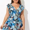 Leaf Print V-neckline Angel Sleeve Swimdress