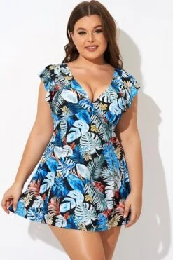 Leaf Print V-neckline Angel Sleeve Swimdress