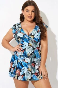 Leaf Print V-neckline Angel Sleeve Swimdress -Sandy Bikinis Shop b desd116001 4