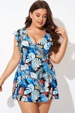 Leaf Print V-neckline Angel Sleeve Swimdress -Sandy Bikinis Shop b desd116001 5