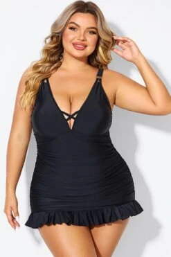 Black V-neck Tummy Control Ruched Swimdress 8 Black V-neck Tummy Control Ruched Swimdress -Sandy Bikinis Shop b desd117001 3