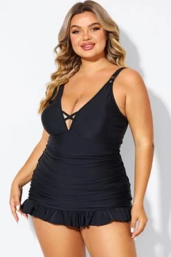 Black V-neck Tummy Control Ruched Swimdress 9 Black V-neck Tummy Control Ruched Swimdress -Sandy Bikinis Shop b desd117001 4