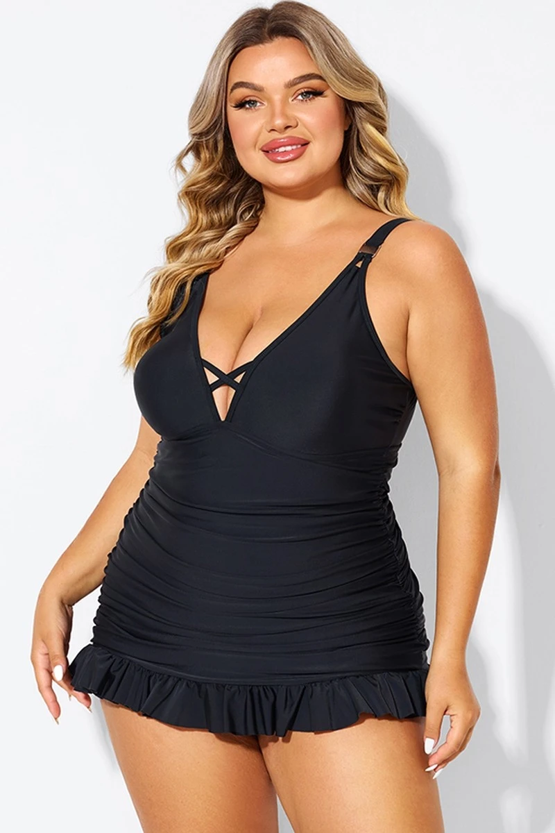 Black V-neck Tummy Control Ruched Swimdress 4 Black V-neck Tummy Control Ruched Swimdress - Image 4
