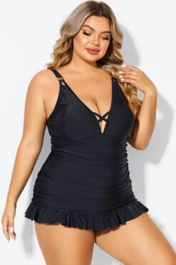 Black V-neck Tummy Control Ruched Swimdress 10 Black V-neck Tummy Control Ruched Swimdress -Sandy Bikinis Shop b desd117001 5