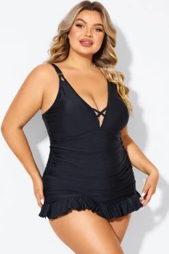 Black V-neck Tummy Control Ruched Swimdress 11 Black V-neck Tummy Control Ruched Swimdress -Sandy Bikinis Shop b desd117001 6