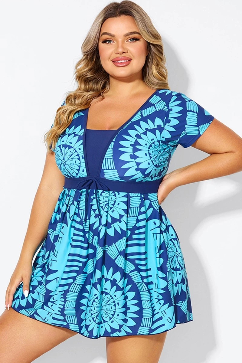 Tribal Print Cyan Short Sleeve Women Swimdress 1 Tribal Print Cyan Short Sleeve Women Swimdress