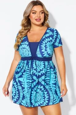 Tribal Print Cyan Short Sleeve Women Swimdress 8 Tribal Print Cyan Short Sleeve Women Swimdress -Sandy Bikinis Shop b desd118001 3