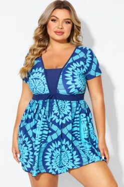 Tribal Print Cyan Short Sleeve Women Swimdress 9 Tribal Print Cyan Short Sleeve Women Swimdress -Sandy Bikinis Shop b desd118001 4