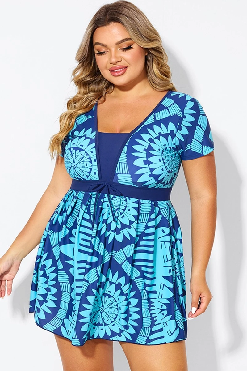 Tribal Print Cyan Short Sleeve Women Swimdress 5 Tribal Print Cyan Short Sleeve Women Swimdress - Image 5