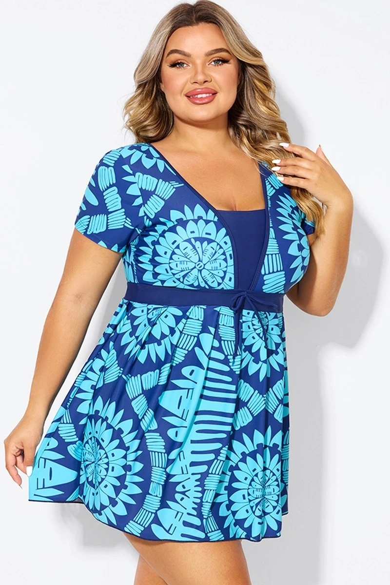 Tribal Print Cyan Short Sleeve Women Swimdress 6 Tribal Print Cyan Short Sleeve Women Swimdress - Image 6