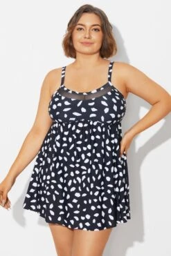 White Polka Dots Print Mesh Panel Swimdress -Sandy Bikinis Shop b desd120001 3