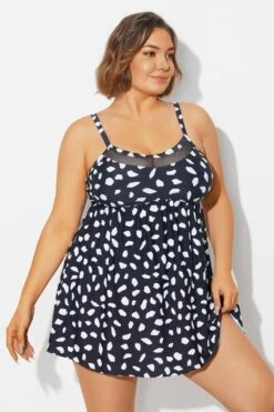 White Polka Dots Print Mesh Panel Swimdress -Sandy Bikinis Shop b desd120001 4