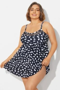 White Polka Dots Print Mesh Panel Swimdress -Sandy Bikinis Shop b desd120001 6