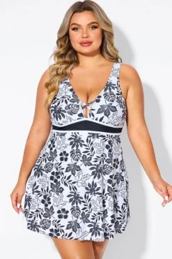 Black Floral Print Cut Out Plus Size Swimdress 8 Black Floral Print Cut Out Plus Size Swimdress -Sandy Bikinis Shop b desd121001 3