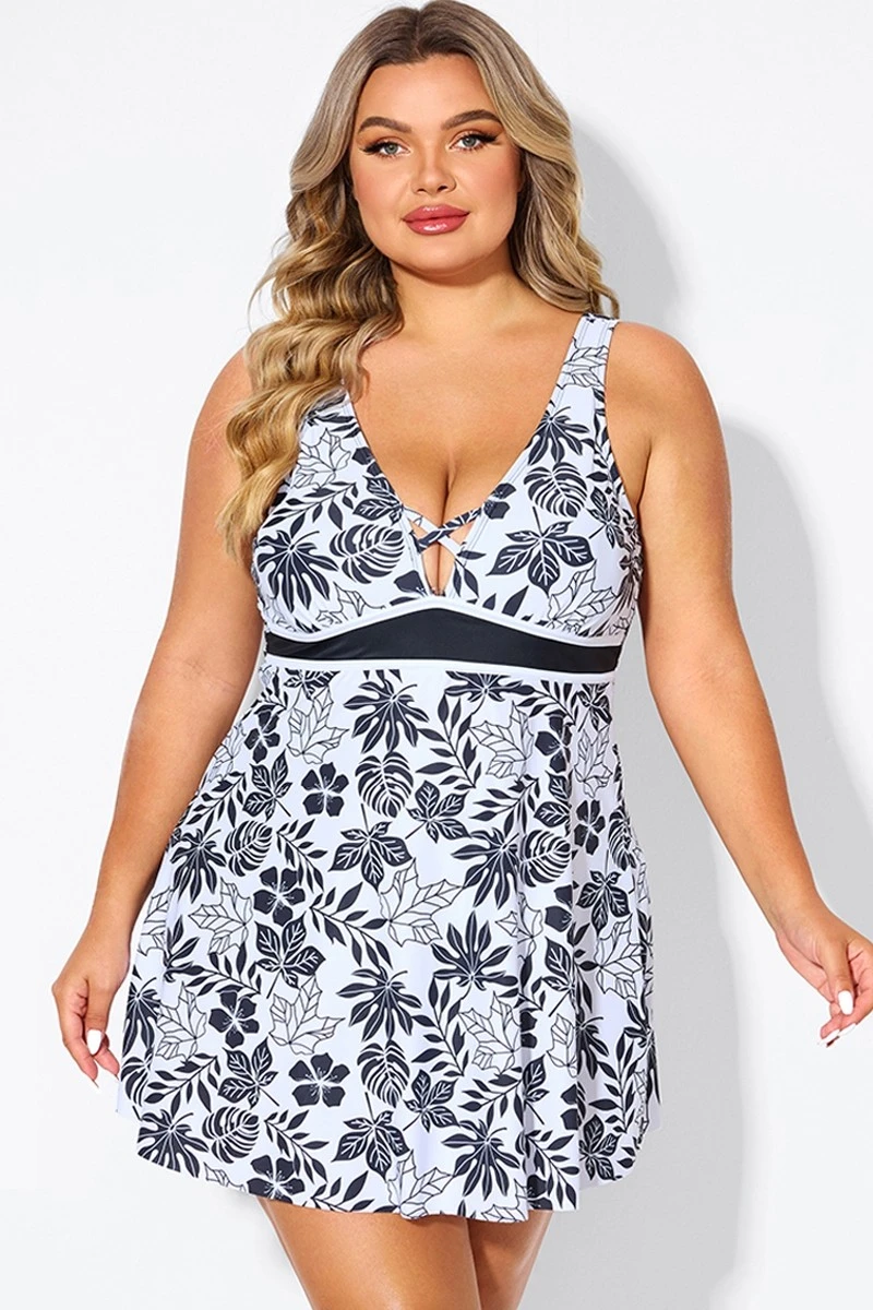 Black Floral Print Cut Out Plus Size Swimdress 3 Black Floral Print Cut Out Plus Size Swimdress - Image 3