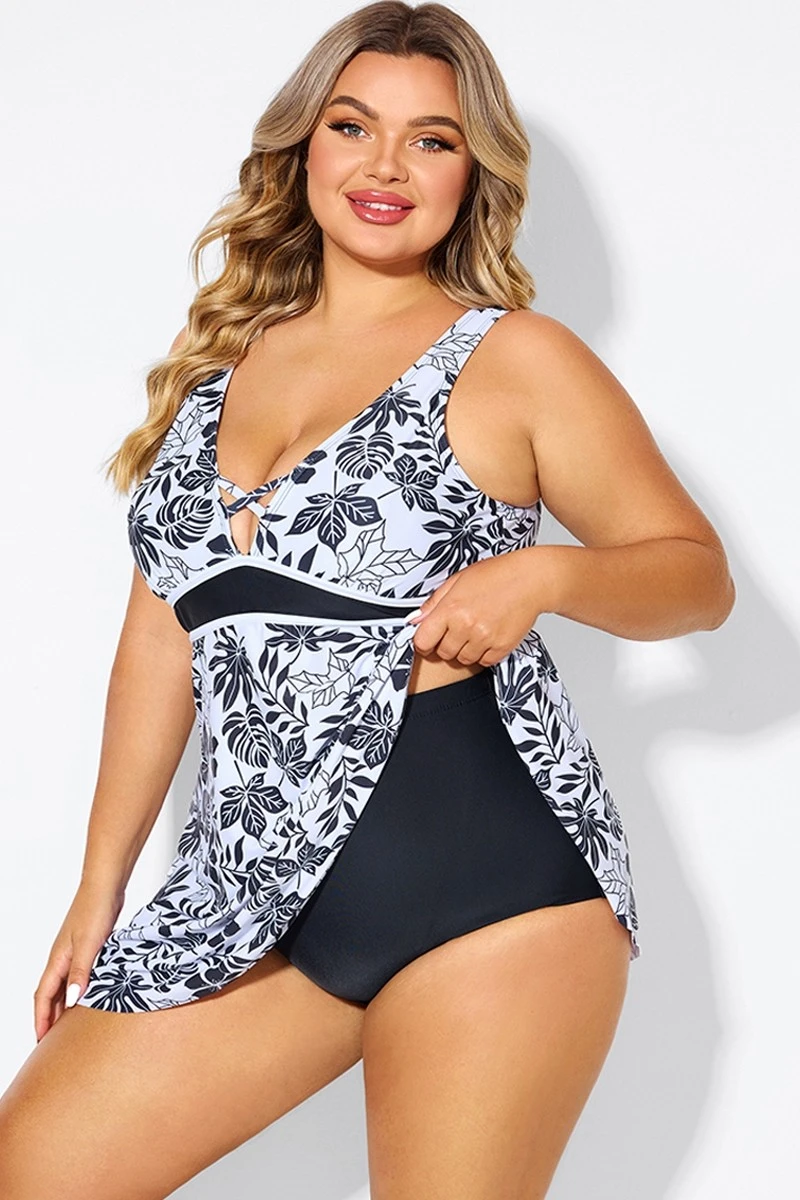 Black Floral Print Cut Out Plus Size Swimdress 5 Black Floral Print Cut Out Plus Size Swimdress - Image 5