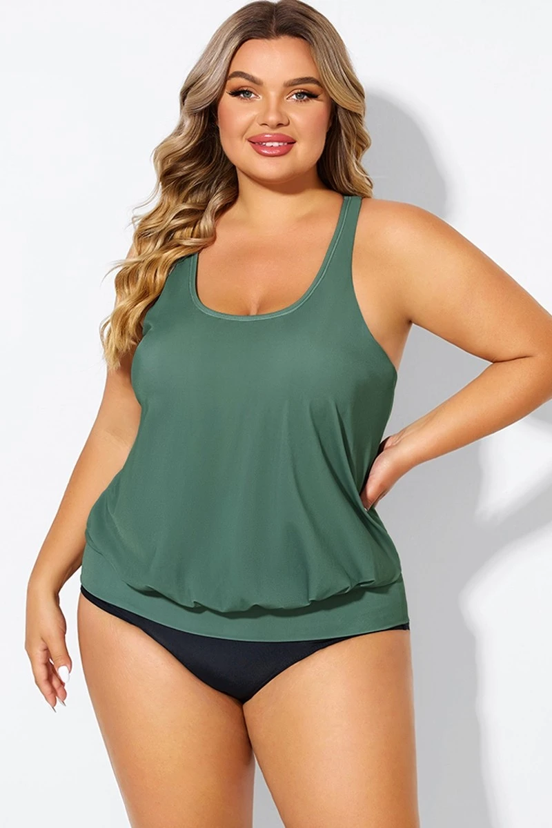 Army Green Racerback Tummy Control Blouson Tankini Top 1 Army Green Racerback Tummy Control Blouson Tankini Top