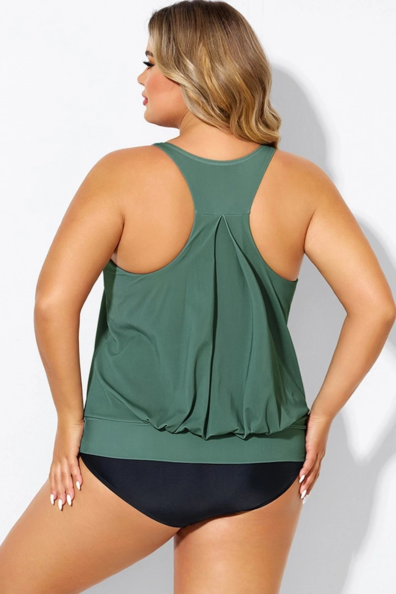 Army Green Racerback Tummy Control Blouson Tankini Top 2 Army Green Racerback Tummy Control Blouson Tankini Top - Image 2