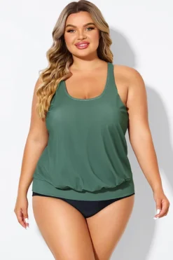 Army Green Racerback Tummy Control Blouson Tankini Top 8 Army Green Racerback Tummy Control Blouson Tankini Top -Sandy Bikinis Shop b detan003011 3