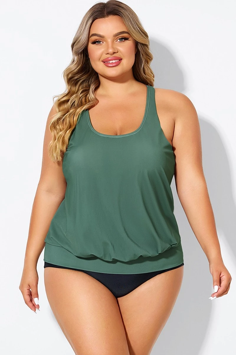 Army Green Racerback Tummy Control Blouson Tankini Top 3 Army Green Racerback Tummy Control Blouson Tankini Top - Image 3